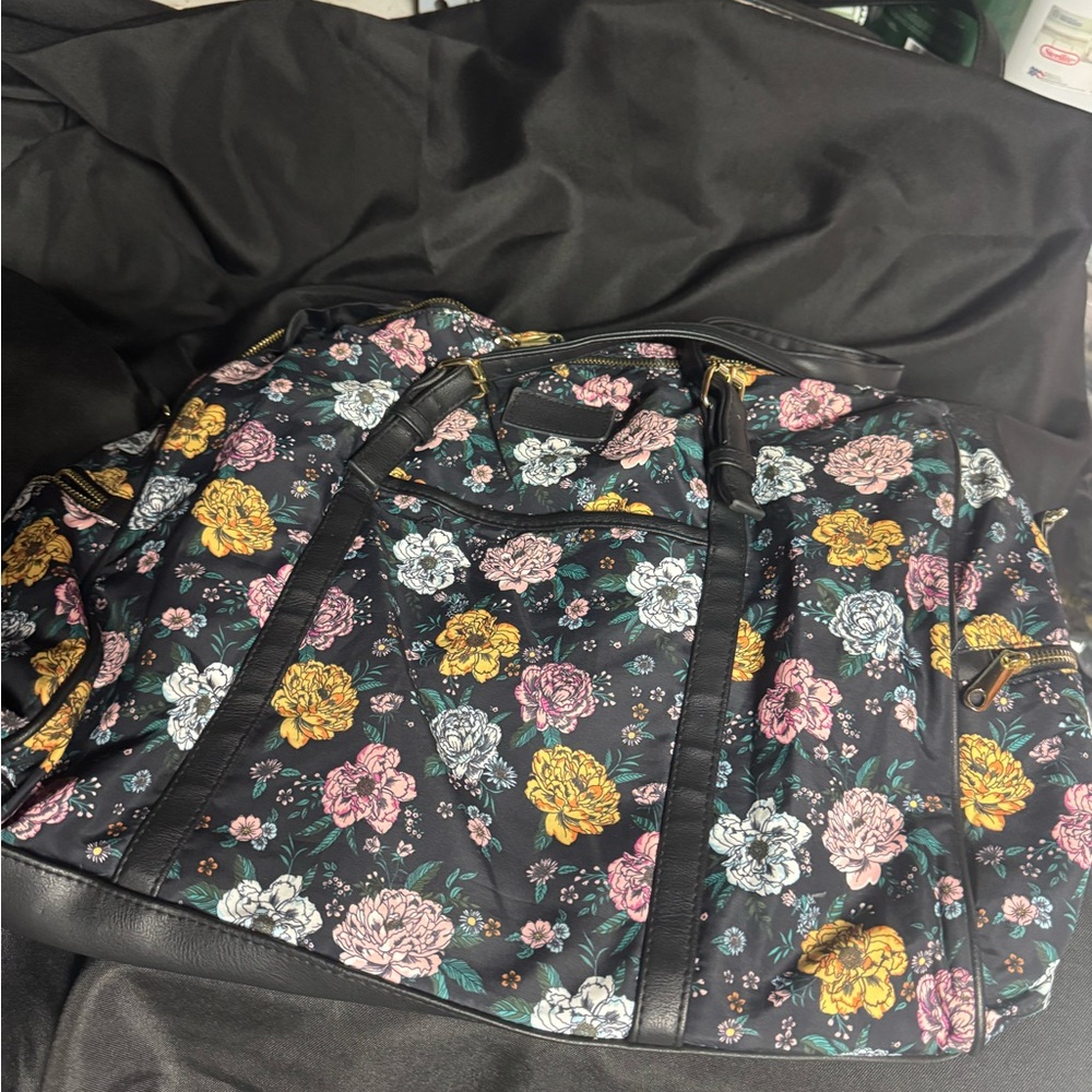 Floral Print Travel Bag- Black with Multicolor Flowers